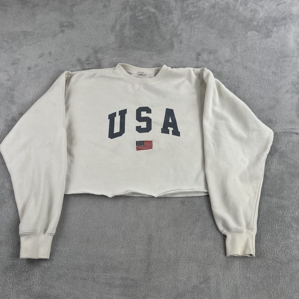 John Galt USA Cropped Sweatshirt M Cream Womens Brandy Melville Crewneck Flag